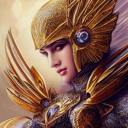 Prompt: a beautiful angel with a golden helmet wearing a silver armor with golden ornaments and diamonds jewelry, wings by alex gray and android jones, karol bak, ayami kojima, amano, concept art, character design, fantasy, 3 d, 8 k resolution