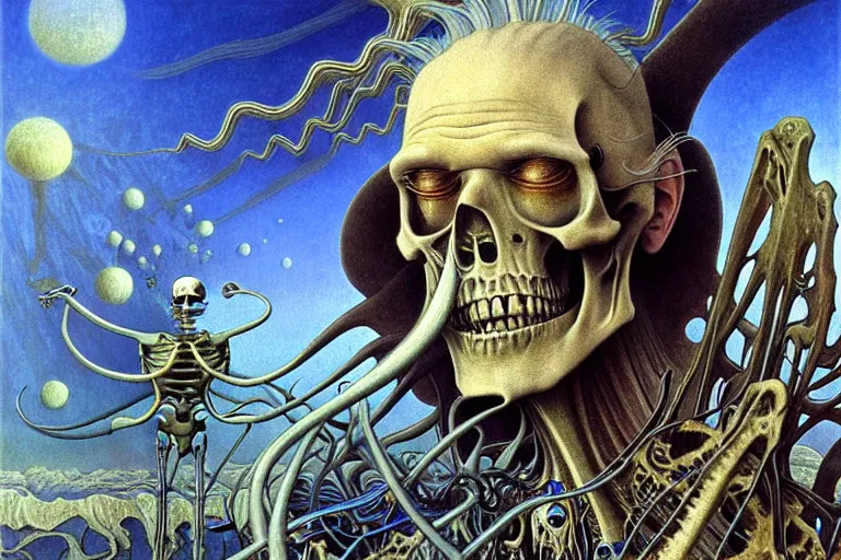 Prompt: realistic extremely detailed portrait closeup painting of an old man with a skeleton, futuristic sci-fi landscape on background by Jean Delville, Amano, Yves Tanguy, Alphonse Mucha, Ernst Haeckel, Edward Robert Hughes, Roger Dean, rich moody colours, silver hair and beard, blue eyes