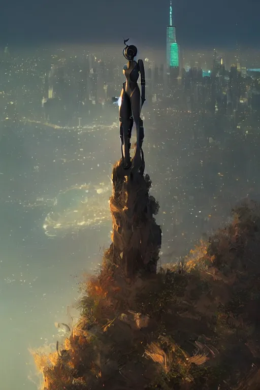 Image similar to humanoid robot standing on cliff in front of over grown new york, art by guweiz, dramatic lighting, highly detailed, incredible quality, trending on artstation