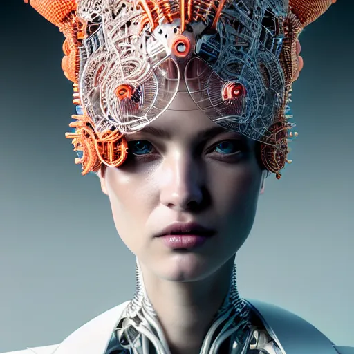 Image similar to portrait of an absurdly beautiful, graceful, sophisticated, fashionable cyberpunk mechanoid, hyperdetailed illustration by irakli nadar and alexandre ferra, intricate linework, white porcelain skin, faberge, coral headdress, unreal engine 5 highly rendered, global illumination, radiant light, detailed and intricate environment