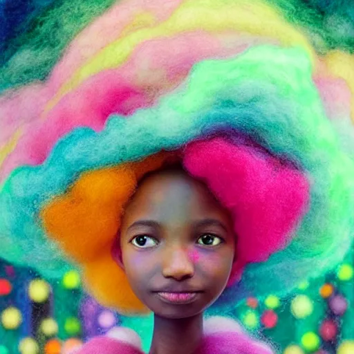 Image similar to a black girl with a colorful afro in a candy forest at night, bokeh, bright colours, watercolor, volumetric wool felting, macro photography, children illustration, by goro fujita