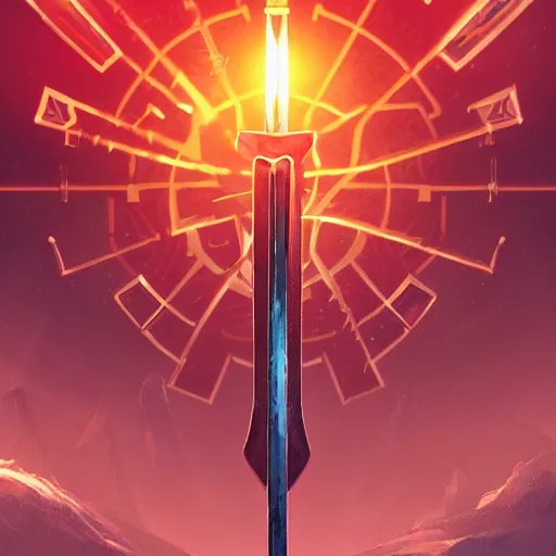 Image similar to symmetrical game sigil of giant medieval swords crossed, red powerful fantasy epic legends, game icon stylized, digital illustration radiating, a glowing aura, global illumination, ray tracing, 8 k high definition, intricate details, octane render, unreal engine, trending on arstation