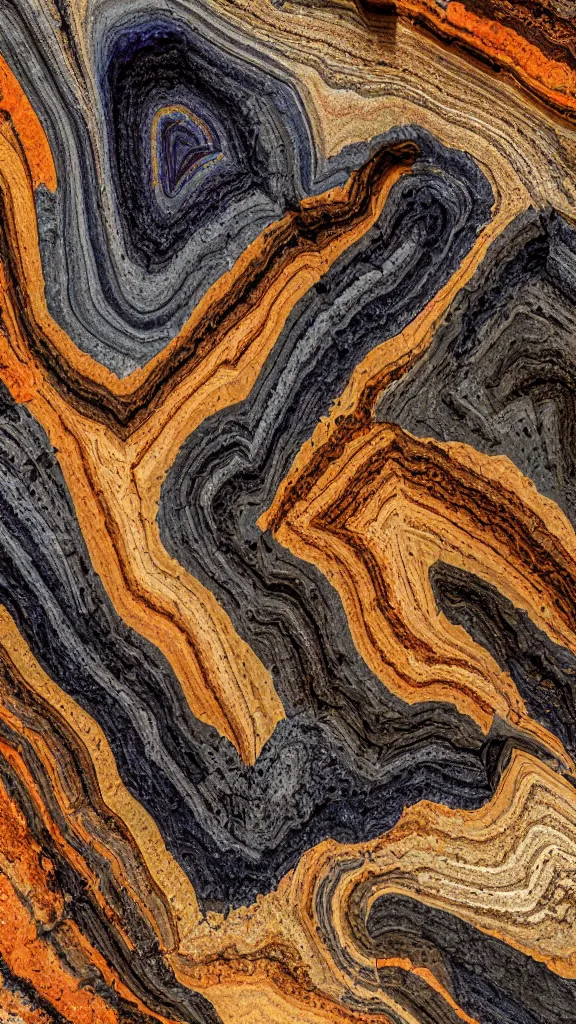 Prompt: vivid color, folded, tessellated planes of rock, alien sedimentary schematic, igneous rock, marbled veins, 3D diorama architectural drawing with layers of strata, ochre, sienna, black, gray, olive, mineral grains, dramatic lighting, rock texture, sand by James jean, geology, octane render in the style of Luis García Mozos