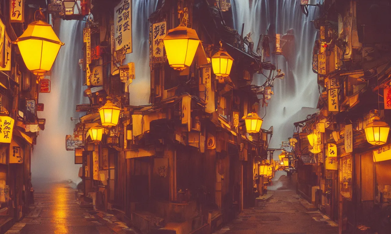 Image similar to A film still from a 1990s Sailor Moon cartoon featuring a moody street in Kyoto Japan with a waterfall and lanterns, lofi aesthetic, golden hour, cinematic look, film grain, high detail, high resolution, 8k