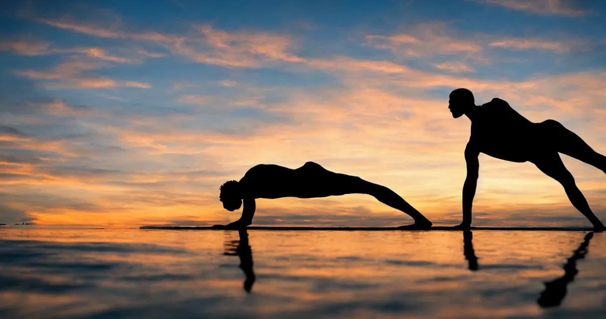 Image similar to wide range photo silhouette of a man doing yoga, at a beautiful sunset, highly detailed, colorful,