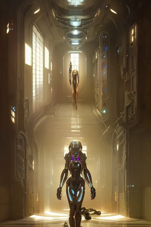 Image similar to ultra realistic, beautiful female cyborg in a utopian hallway in a space megalopolis, sci - fi, intricate details, eerie, highly detailed, octane render, 8 k, art by artgerm and alphonse mucha and greg rutkowski