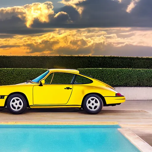 Prompt: a yellow 1 9 8 5 porsche 9 1 1 turbo, palm beach swimming pool, sunset, hyperreal, 4 k