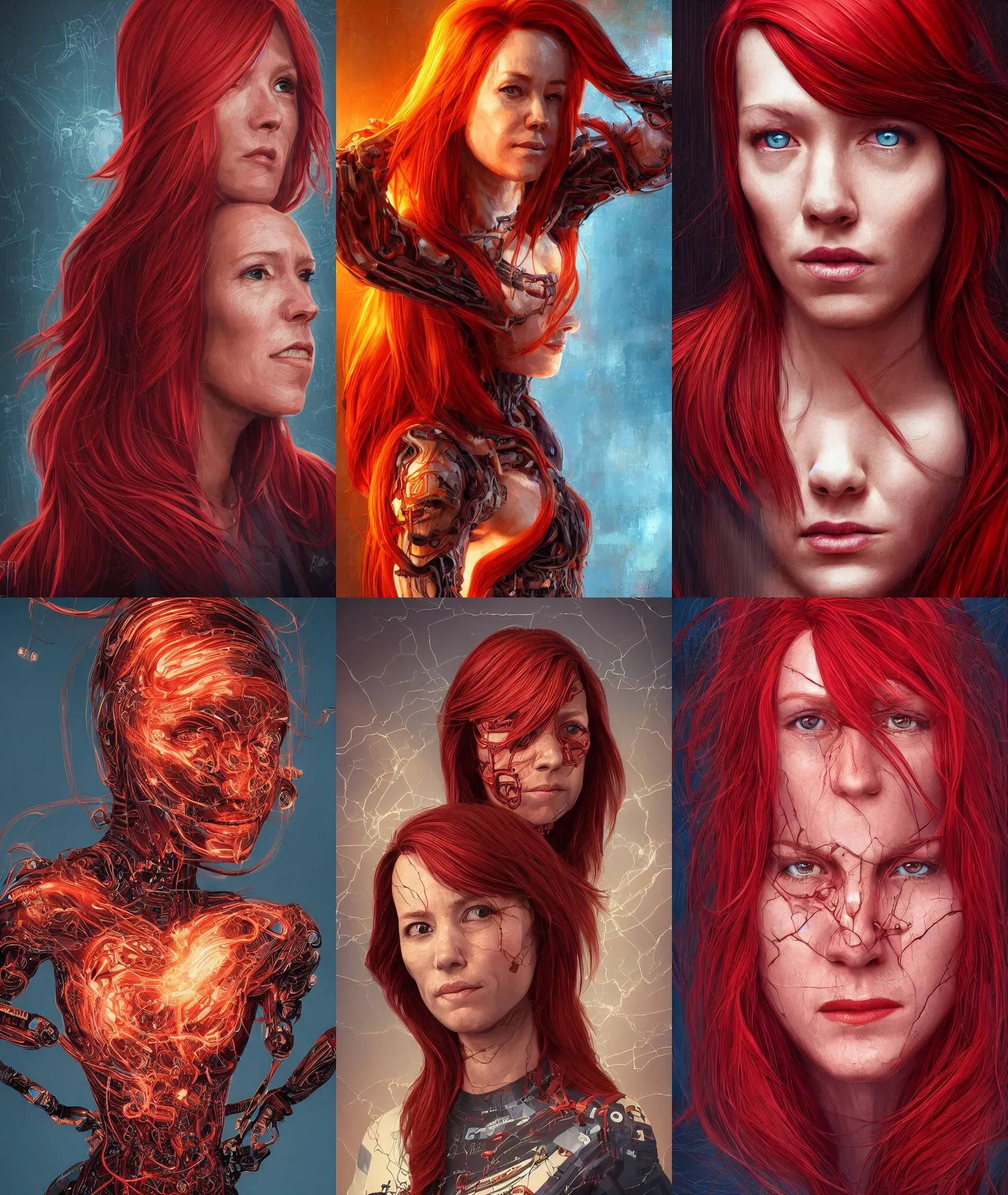 Prompt: upper body portrait : (subject= 'Jen Psaki' subject detail= red hair with wired biomechanical body, intricate ancient lettering) epic lighting, cinematic composition, hyper realistic, 8k resolution, unreal engine 5, by Artgerm, tooth wu, dan mumford, beeple, wlop, rossdraws, James Jean, Andrei Riabovitchev, Marc Simonetti, yoshitaka Amano, Artstation