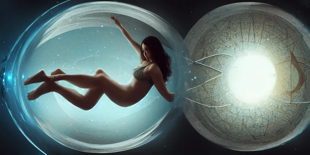 Prompt: a beautiful woman swimming inside a compass spherical celestial biomechanics, 1 6 k, photorealistic, cinematic composition, movie concept art, cinematic composition 8 k, intricate detail, high detail, hd, octane render, unreal engine, v - ray, cinematic lighting, octane, volumetric lighting, dark moody lighting, atmosphere, smoke, fog, matte painting, extreme long shot