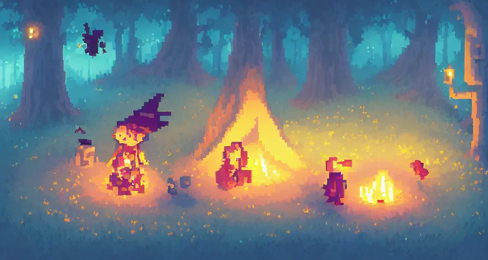 Image similar to Pixelart of a small cute witch sitting at a cozy bonfire in the forest meadow under starry sky, volumetric lighting, digital pixel art, pixiv, by Aenami