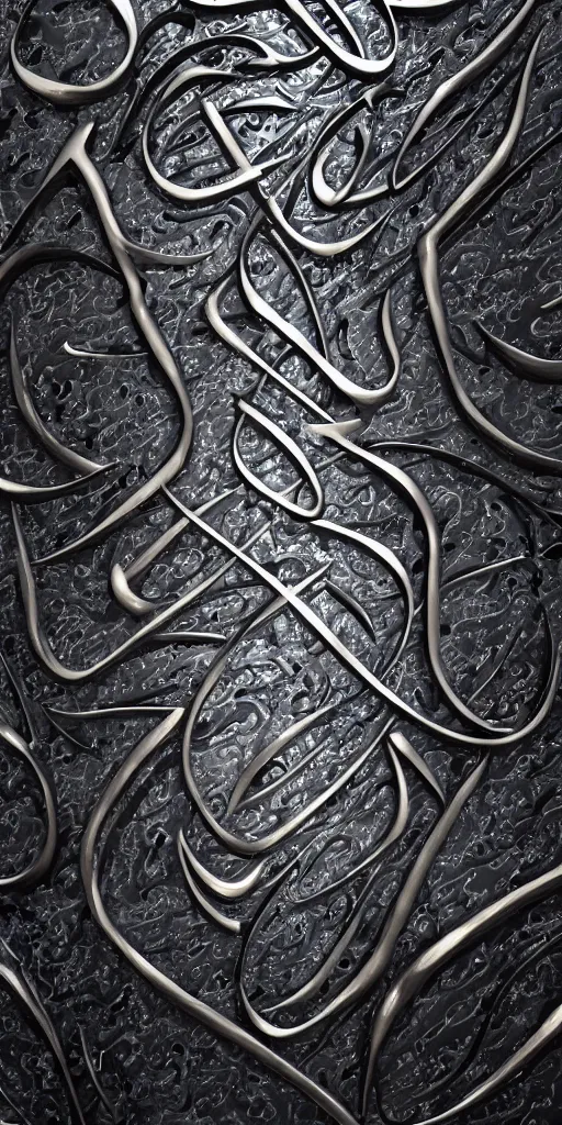 Prompt: a photorealistic render of a 3 d arabic calligraphy, made of liquid metal and marble, cinema 4 d, by zhelong xu, gakkin and ernst haeckel, hyper realistic, plain background, 8 k, volumetric lightning, trending on artstation