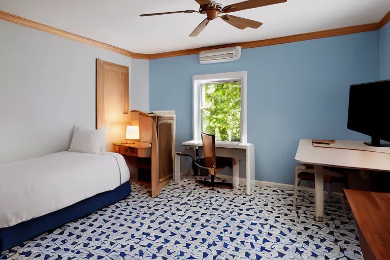 Image similar to a 10 by 11 foot old run down hotel room with white with a criss cross pattern in blue grey walls, white ceiling, navy blue carpet, a small bed, desk, two wooden wardrobes, a little side table in a light wood veneer, a window, desk fan, table light, and an old tube TV, and a ceiling fan gives off a dim orange light. Old