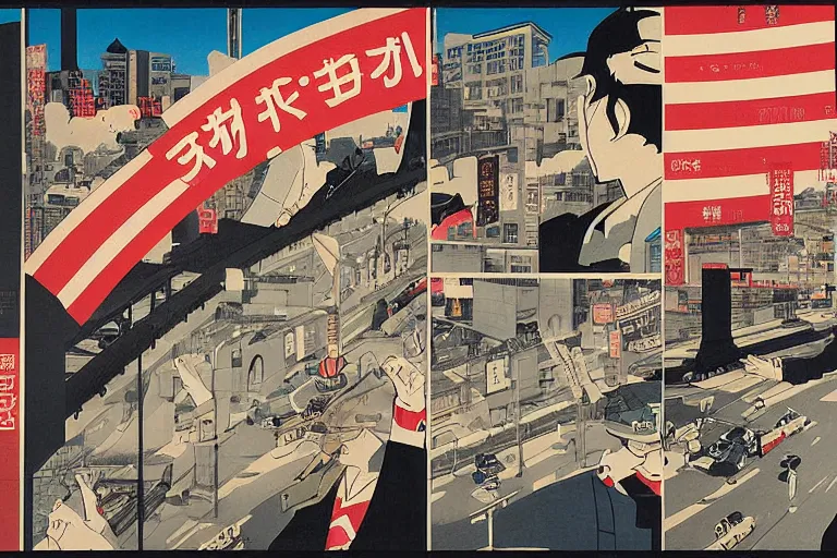 Prompt: japanese poster art inspired comic book panel about an outdoorsy guy who likes looking at the exterior of urban infrastructure. very classy poster art, big letters on flags, hyperrealistic, very detailed, historic photos, taken by henri cartier bresson