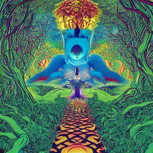 Image similar to A beautiful composition of a psychedelic glowing spirit animal psychonaut floating above a hedge maze, DMT, rich details full of texture, realistic eyes, artwork by Satoshi Kon and Yoshitaka Amano and Moebius