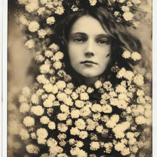 Prompt: portrait of a beautiful woman covered in flowers, 1910 polaroid photography,