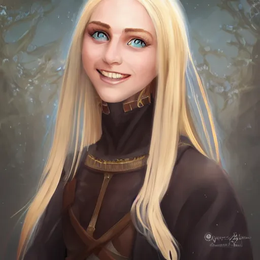 Prompt: portrait, 30 years old women :: fantasy :: blue eyes, long straight blonde hair, beeing happy, smiling :: attractive, symmetric face :: detailed brown medieval clothing, natural materials :: high detail, digital art, RPG, concept art, illustration