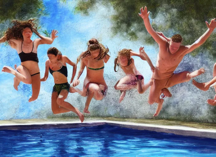 Image similar to photorealistic painting of a group of teens in the moment of jumping into a pool, digital art, subtle painting, subtle hues, some edges lost