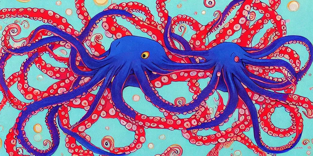 Image similar to ” beautiful octopus drifting in the deep sea painted by yuko higuchi. ”