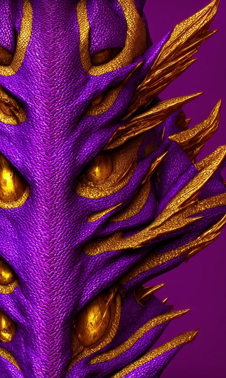 Image similar to purple and gold face of a dragon, symmetrical, ruby eyes, iridescent scales, hyperrealistic octane render 8 k, fantasy concept art