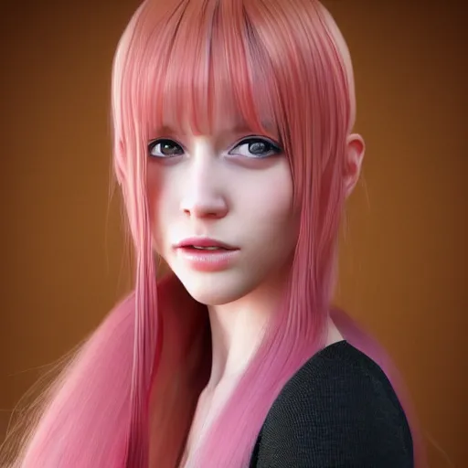 Image similar to A portrait of Nikki from Shining Nikki, a 3d cgi toon young woman with long pink hair, full bangs, amber eyes, pale skin, Chinese, medium shot, mid-shot, soft focus, 4k, trending on artstation