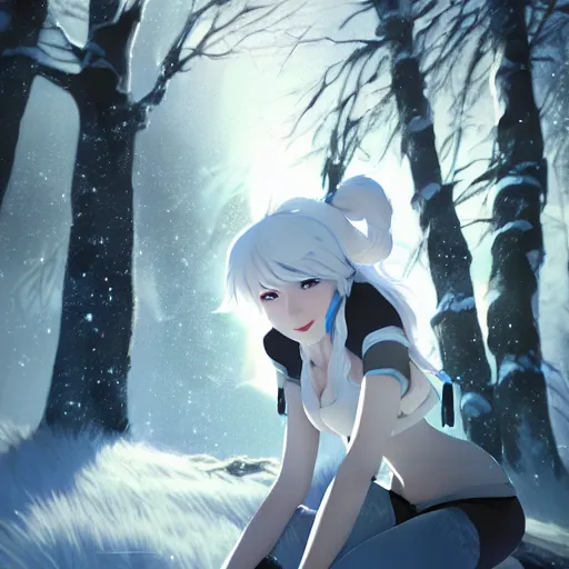 Image similar to realistic render of weiss schnee from rwby by ross draws, snowy forest background by ilya kuvshinov, digital anime art by ross tran, composition by sana takeda, lighting by greg rutkowski