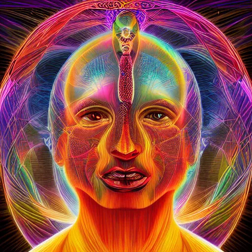 Image similar to human trancending into collaborative intelligence in the style of alex grey, album cover, award winning, beautiful, colorful, volumetric lighting, trending on artstation