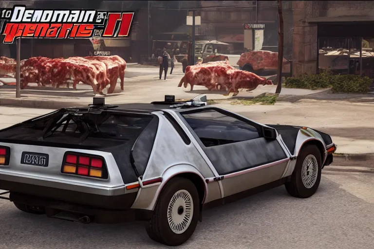 Image similar to delorean made out of meat by grand theft auto v, by red dead redemption 2, by cyberpunk 2 0 7 7