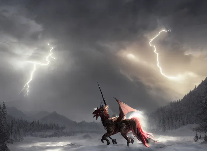 Image similar to unicorn fighting a dragon, beautiful snowy landscape, lightning storm, dramatic lightning, cinematic, establishing shot, extremly high detail, photorealistic, cinematic lighting, epic fight scene, post processed, concept art, artstation, matte painting, style by greg rutkowsky