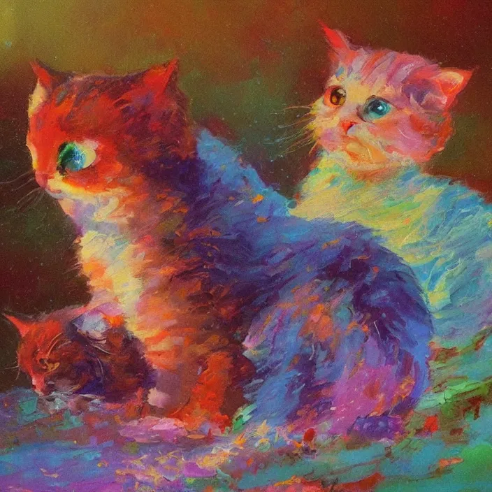 Image similar to colourful painting of two cute little kitties, art in paul lehr and charles camoin style, close shot, bright, evening, soft lighting, focus, masterpiece art