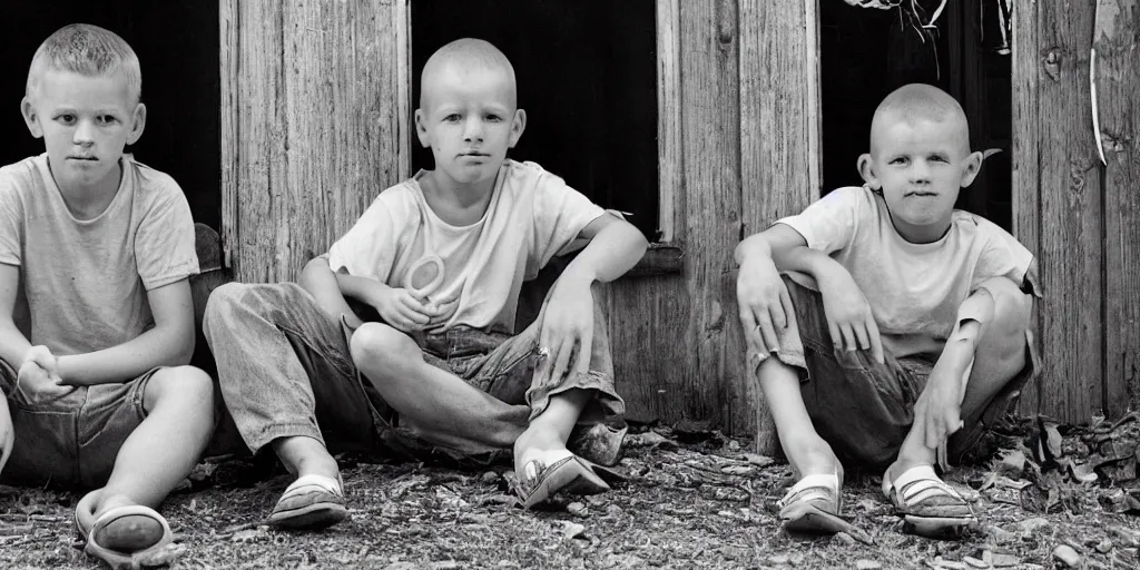 Image similar to close up portrait of two white redneck brothers sitting on front porch of dilapidated house, kodak gold 2 0 0,