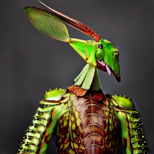 Prompt: a portrait of a beautiful young male wearing an alexander mcqueen armor made of a mantis , photographed by andrew thomas huang, artistic