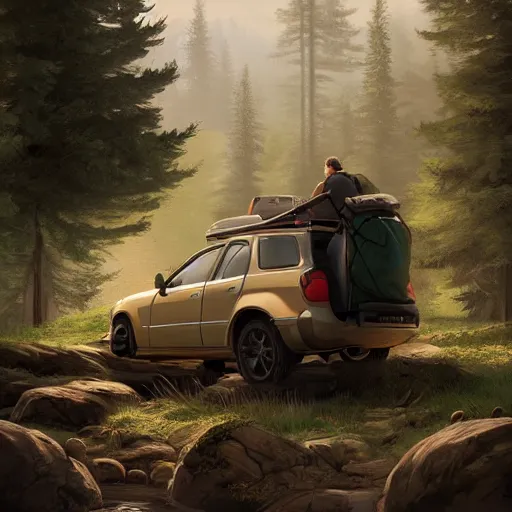 Image similar to hiker unloading the car before camping, by roman shipunov, cgsociety, cynical realism, fantasy art, 2 d game art