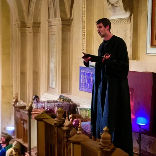 Image similar to robed Alastair Crowley giving a magick lecture in front of the United States senate, photojournalism, news, CNN, intricate detail, award winning photography,