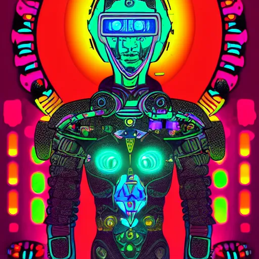 Prompt: portrait of a future metaverse cyborg tech shaman warrior, 2D cartoon, flat cartoony, visionary art, symmetric, Magick symbols, holy halo, shipibo patterns, sci-fi, adventure time character style