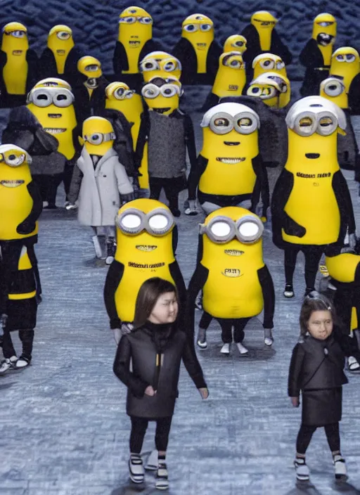 Image similar to hyperrealistic and heavy detailed moncler runway show of minions, leica sl 2 5 0 mm, vivid color, high quality, high textured, real life