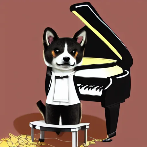 Image similar to shiba inu in a tuxedo playing a grand piano, digital art, 8 k, high detailed