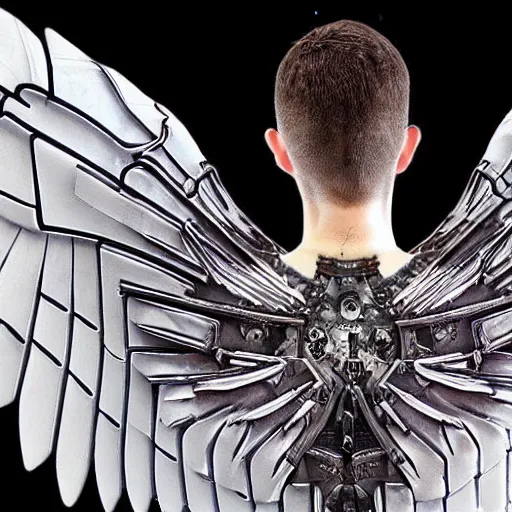 Image similar to man with cybernetic bird wings on his back, highly detailed, mega detailed, photo realistic, cyberpunk,