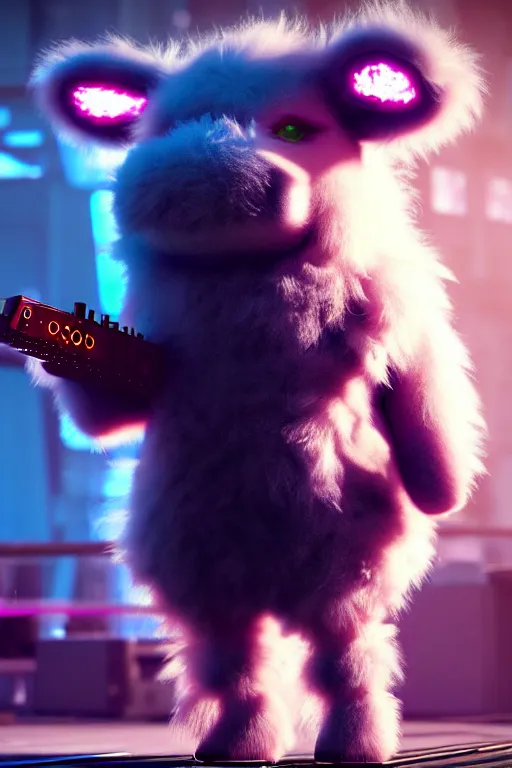 Image similar to high quality 3 d render very cute neuromancer fluffy! cyborg cow playing! keyboard!!, highly detailed, unreal engine cinematic smooth, in the style of blade runner & detective pikachu, hannah yata charlie immer, moody light, low angle, uhd 8 k, sharp focus