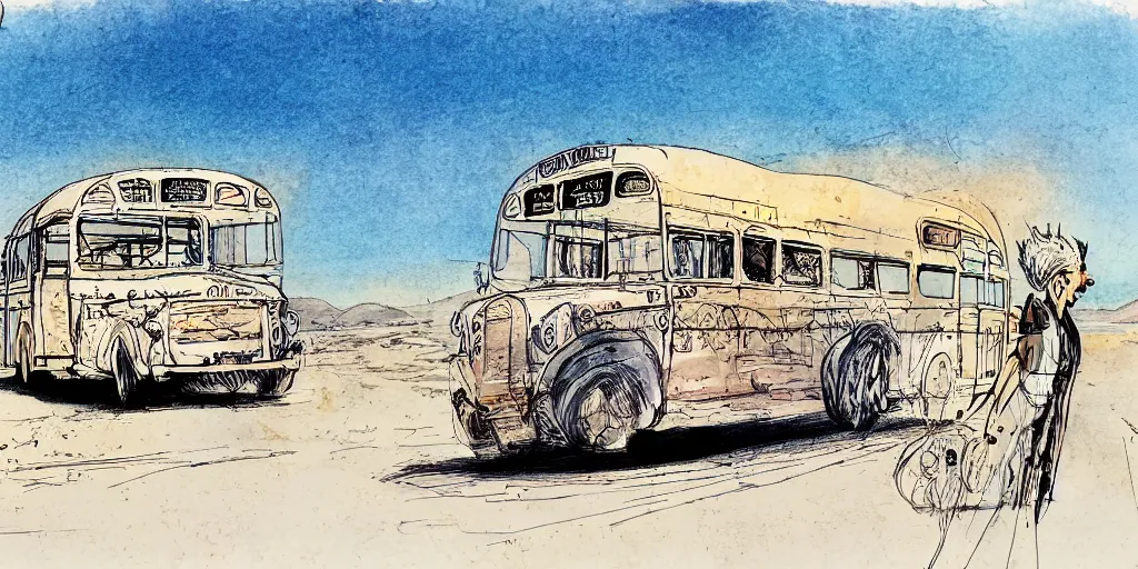 Prompt: bus with 8 decks driving through the desert in the style of ronald searle, illustration, painterly