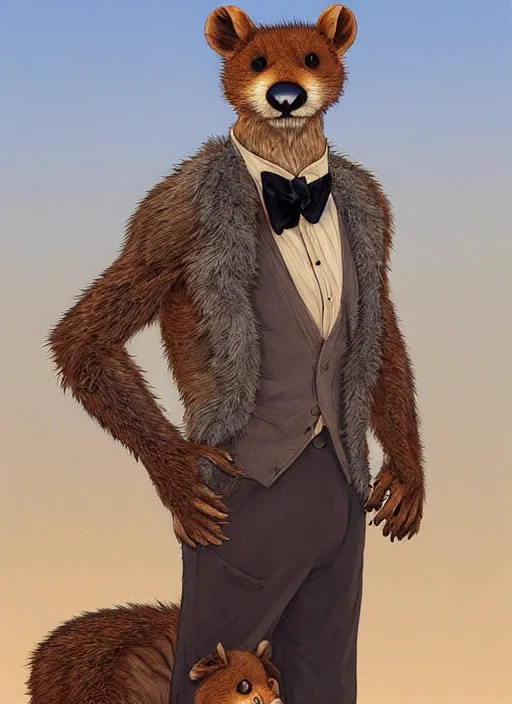 Image similar to Character portrait of a happy furry anthro weasel wearing a tan vest, bowtie, black slacks in the desert wilderness, intricate, elegant, highly detailed, digital painting, artstation, concept art, smooth, sharp focus, illustration, art by Krenz Cushart and Artem Demura and alphonse mucha