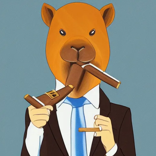 Prompt: an accurate capybara wearing a business suit and smoking a cigar in his mouth