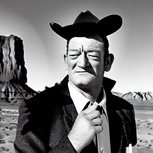 Image similar to a cinematic 5 0 s portrait photography of john wayne smoking a big joint, cowboy, monument valley landscape, flying saucer, farwest,