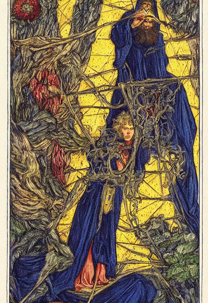 Prompt: Yoshua Bengio as the Magician on the Tarot card. Illustration by preraphaelists.