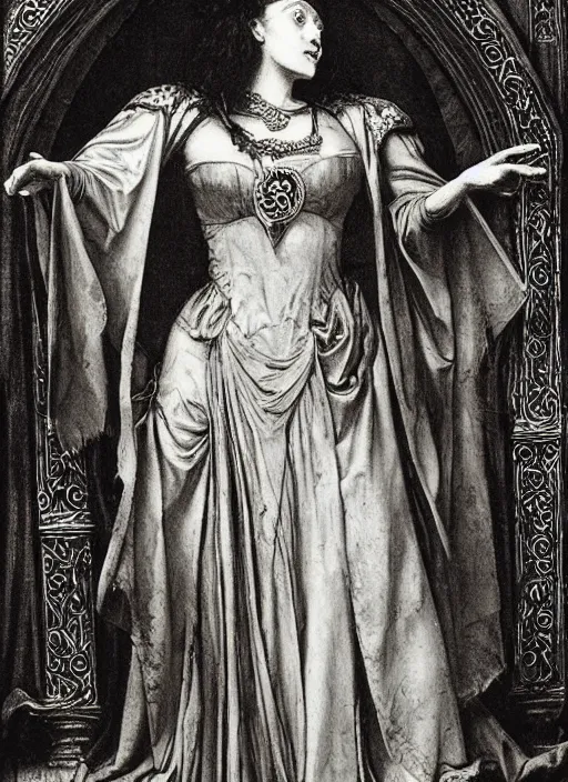 Image similar to morgan le fay and, art by frederick sandys,