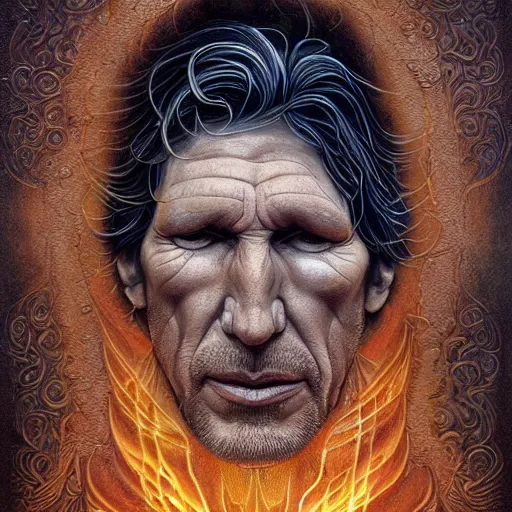 Image similar to A beautiful detailed tarot card of Roger Waters, by  tomasz alen kopera and Justin Gerard, symmetrical features, ominous, magical realism, texture, intricate, ornate, royally decorated, whirling smoke, embers, red adornements, red torn fabric, radiant colors, fantasy, trending on artstation, volumetric lighting, micro details, 3d sculpture, ray tracing, 8k, anaglyph effect