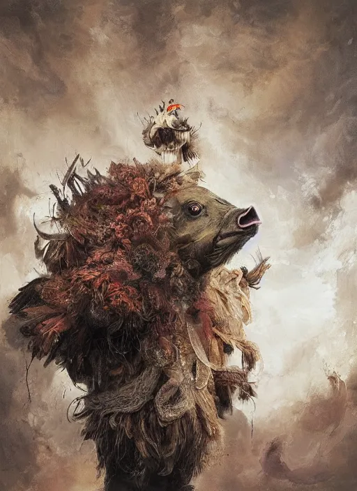 Image similar to a hyper detailed painting of an anthropomorphic joaquin phoenix as the king of animals, cow horns, pig nose, sheep wool, chicken feathers, horror, by anna podedworna, by miklos ligeti, by diego maricato, by taran fiddler, by antonino truisi, by chris reddie, on artstation