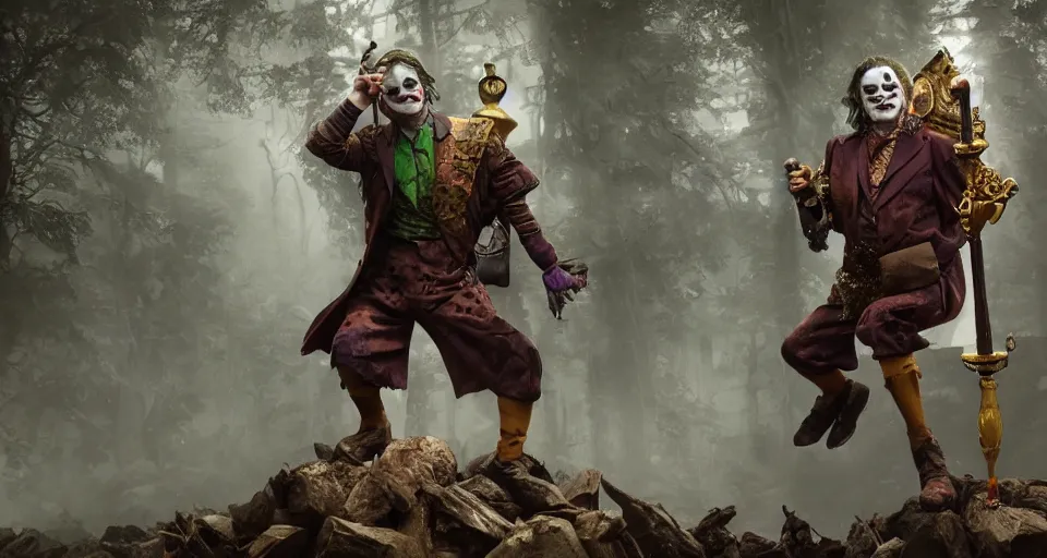 Prompt: robert de niro as medieval joker, crazy colorful clothing with a heavy golden mace in his left hand and a beer jug in his right hand, full body portrait with high detailled face, symmetrical face, intricate details, wandering through a forbidden forest, trending on artstation, 8 k hyperrealistic, style of peter mohrbacher, octane render, unreal engine