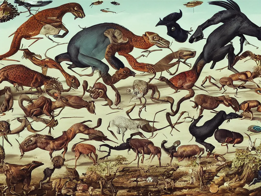 Prompt: The evolution of life. Painting by Walton Ford