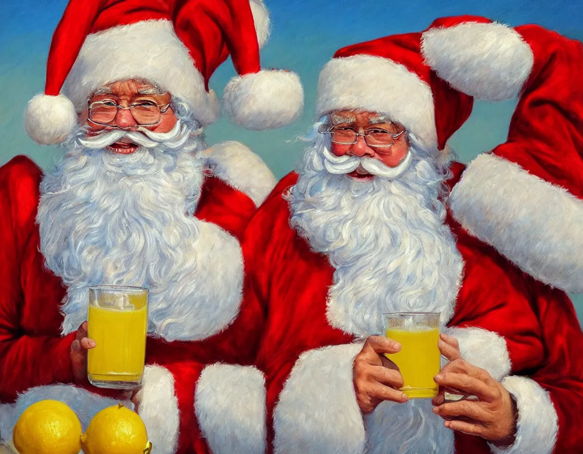 Prompt: hyper realistic oil painting of santa claus sunbathing on the beach sipping lemon juice from glass, hd, hdr, by stanisław wyspianski, ultra detailed, high resolution