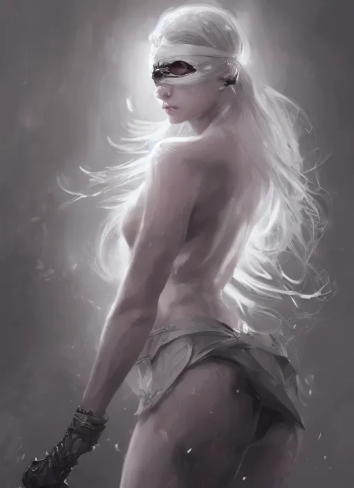 Image similar to a highly detailed illustration of white haired pale lady wearing big black blindfold, dramatic standing pose, intricate, elegant, highly detailed, centered, digital painting, artstation, concept art, smooth, sharp focus, league of legends concept art, wlop